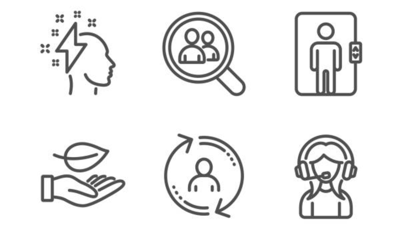 User info, Search employees and Brainstorming icons simple set. Leaf, Elevator and Support signs. Update profile, Staff analysis. People set. Line user info icon. Editable stroke. Vector
